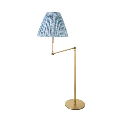 Iron Articulating Floor Lamp with Pleated Floral Linen Shade