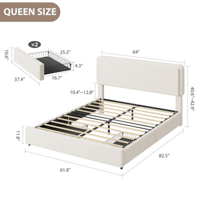 Queen Size Teddy Fleece Bed Frame, Upholstered Platform Bed with 2 Storage Drawers, Height Adjustable Cloud Headboard, Thick Soft Teddy Fabric Bed, Modern Style, No Box Spring Required, Cream