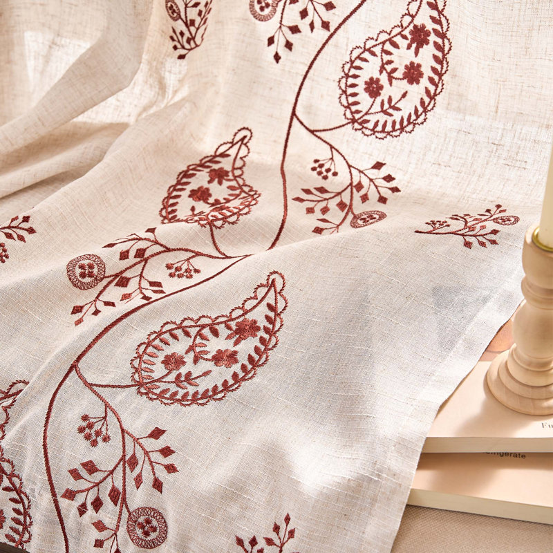 Rideaux de ferme brodés en mélange de lin, Terre cuite, beige, 50" W x 84" L