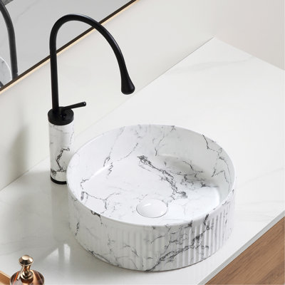 Round Sink Black White Marble 15"x15" Inch Bathroom Sink Round Above Counter Sink