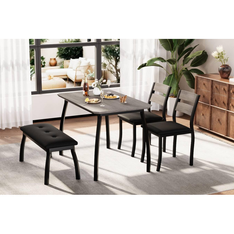 Ensemble de table de salle à manger pour 4 personnes, table de cuisine en bois robuste avec chanfrein et pieds en métal, banc rembourré