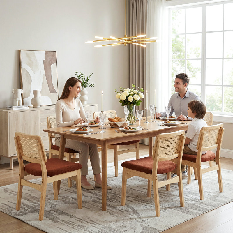 Brown Rattan Back 19.29" H Textured Chenille Dining Chair with Rubber Wood Legs, Brown / Natural Wood