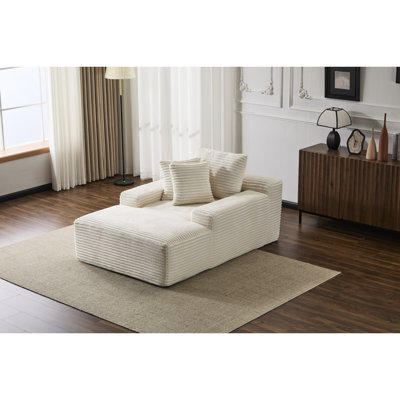 Chaise longue blanche avec revêtement en velours côtelé, 3 coussins décoratifs, accoudoirs larges, support ergonomique, mousse à mémoire de forme, fauteuil moderne surdimensionné sans assemblage pour se détendre à la maison, rembourrage en mousse, forme, espace de vie