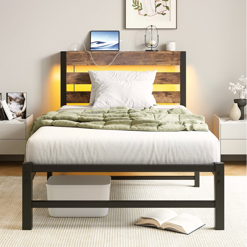 Twin Size Bed Frame Heavy Duty Platform Bed Frame With Headboard, USB Charging Station, LED Bed, No Box Spring Needed, Mattress Foundation, Strong Steel Slats, Noise Free, Brown