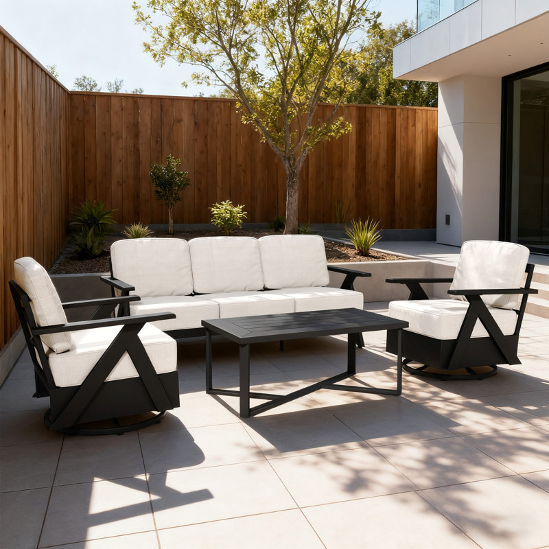 Ensemble de conversation d'extérieur en aluminium 4 pièces avec coussins, canapé pivotant pour patio, cour arrière, beige près de la piscine
