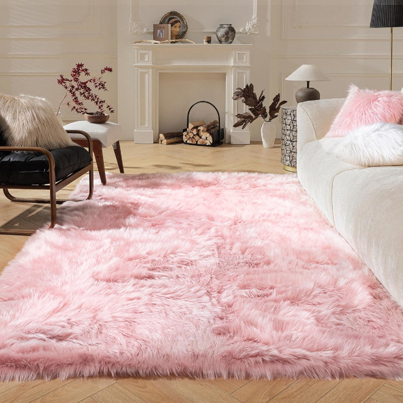 Daruis Faux Sheepskin Fur Shag Washable Rug in Soft Pink, Rectangle 8' x 10'