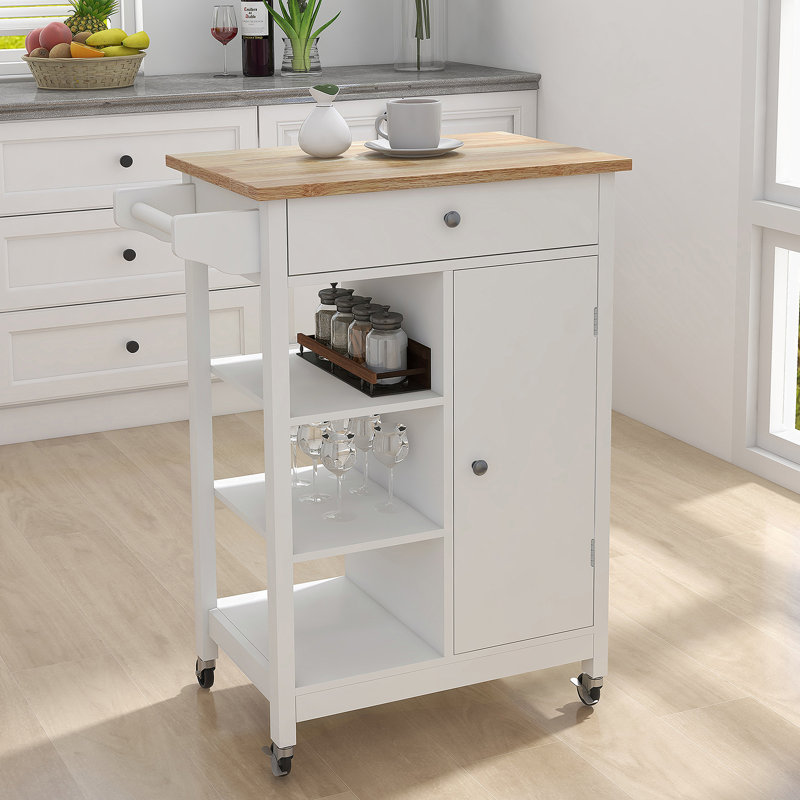 Îlot de cuisine avec chariot à roulettes et plateau en bois d'hévéa