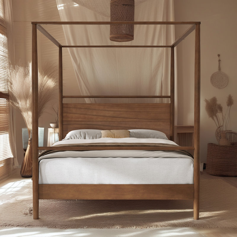 Mid-Century Modern Canopy Bed Frame - Solid Wood 4-Poster Design, Walnut Finish, No Box Spring Needed, Queen