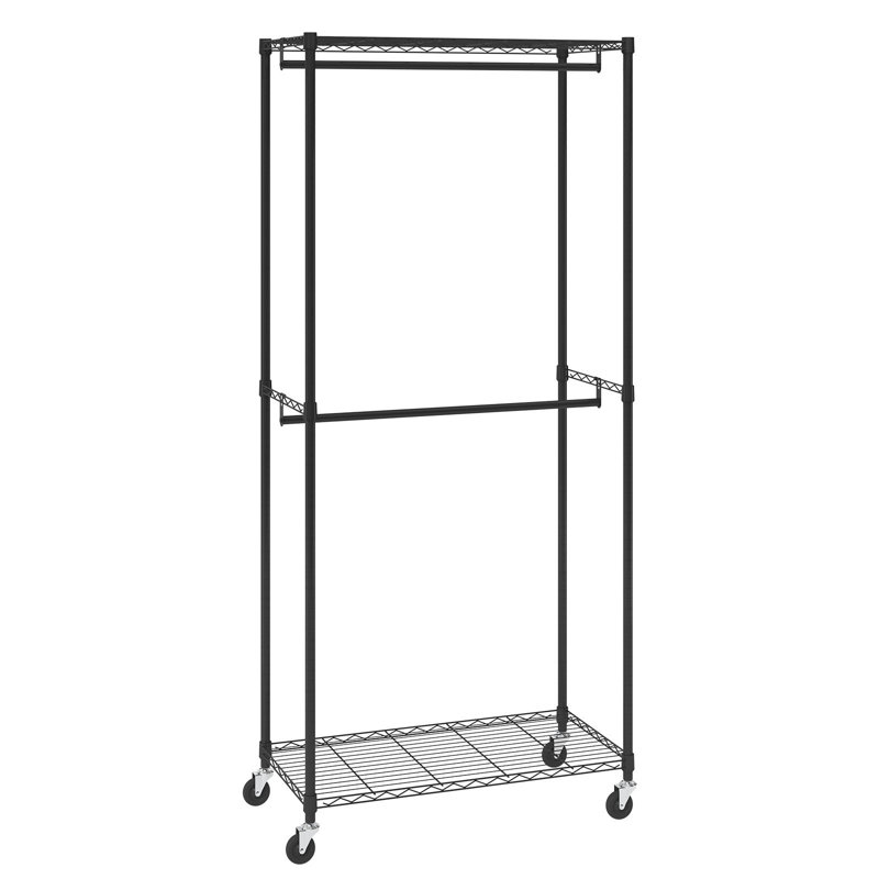 Clothes Rack, Double Hanging Rods Clothing Garment Rack With Bottom And Top Storage Tier, Rolling Clothing Rack For Hanging Clothes, 1" Diameter Thicken Steel Tube Hold Up To 300Lbs
