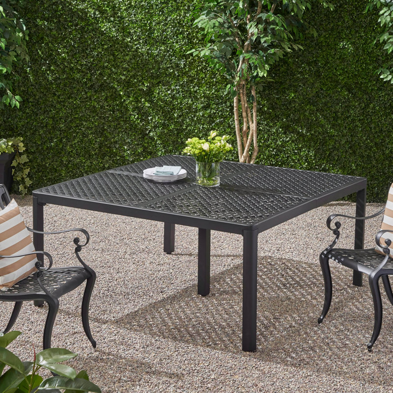 Table de salle à manger d'extérieur moderne en aluminium avec accents tissés, noir mat antique