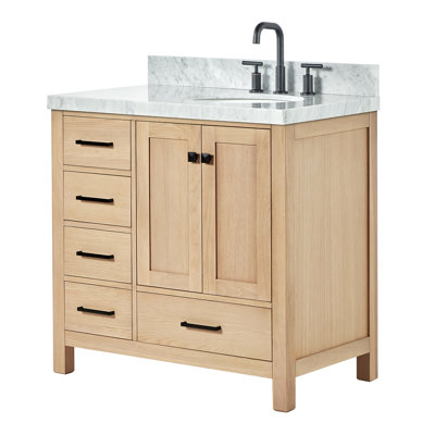 Cambridge 36'' Solid Wood Single Bathroom Vanity in Oak, with 2'' Carrara Marble Top, Right Offset, Oval Sink