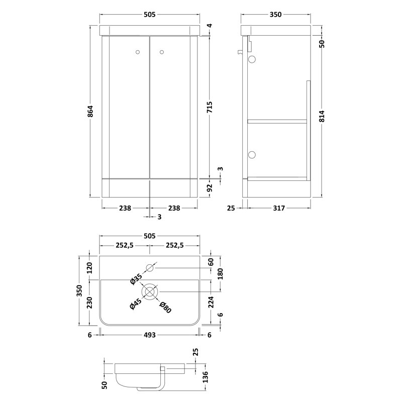 Core 505mm Single Bathroom Vanity with Drop In Vitreous China Basin, Gloss White