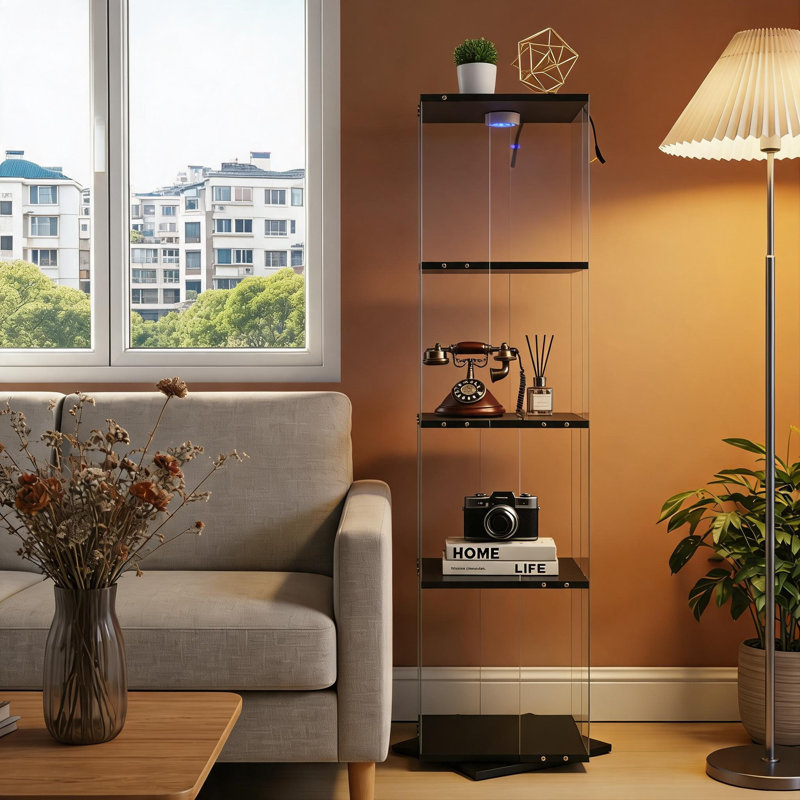 Black Four-Tier Rotating Glass Display Case, Remote-Controlled Light Strip, Adjustable Cabinet Legs, Suitable For Multiple Scenarios Including Living Room And Kitchen.