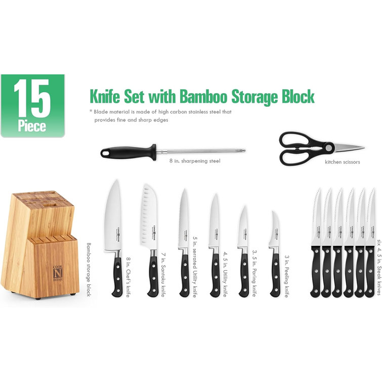 Cook N Home Kitchen Knife Set with Bamboo Storage Block 15-Piece, High