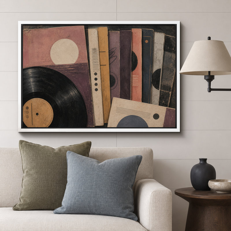 Œuvre de vinyle rétro et épines de livre abstrait, photos de salon, impression sur toile encadrée, Cadre blanc