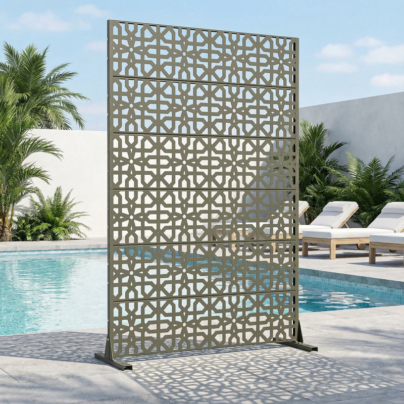 Panneau de clôture d'intimité en métal avec motif élégant, H 72 po x l 47 po x P 16 po, Vert olive