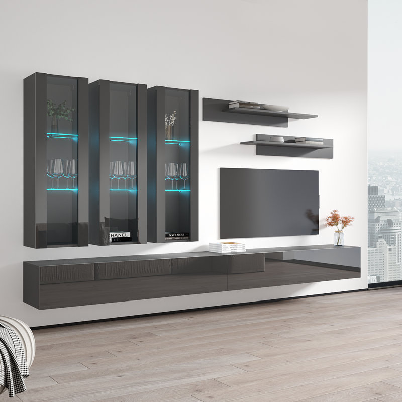 Vredenburgh 126" Modern Floating Wall Mounted Entertainment Center with 16-Color LED Lighting, High Gloss Finish, Gray
