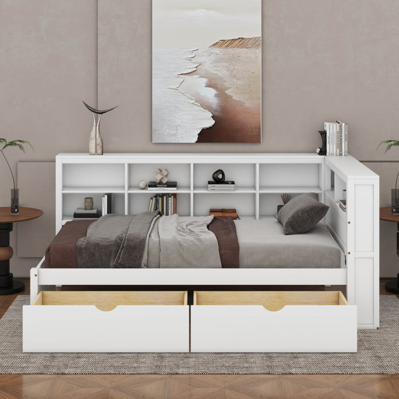 Daybed With Drawers, Shelf And USB Charging Ports, White, Twin