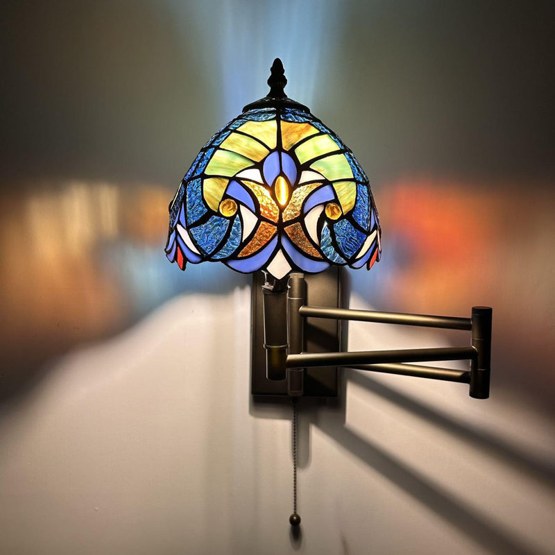 Tiffany Sconce Lamp Swing Arm Stained Glass Pull Chain Switch LED Bulb 13”W*8”D*15”H, Blue/Yellow