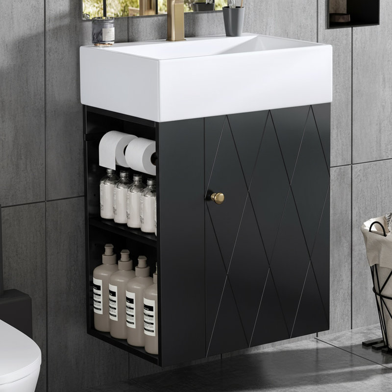 20" Freestanding Small Bathroom Storage with Single Sink, Narrow Compact Vanity with Diamond Pattern Door, Gold Handle, Side Shelves & Towel Bar