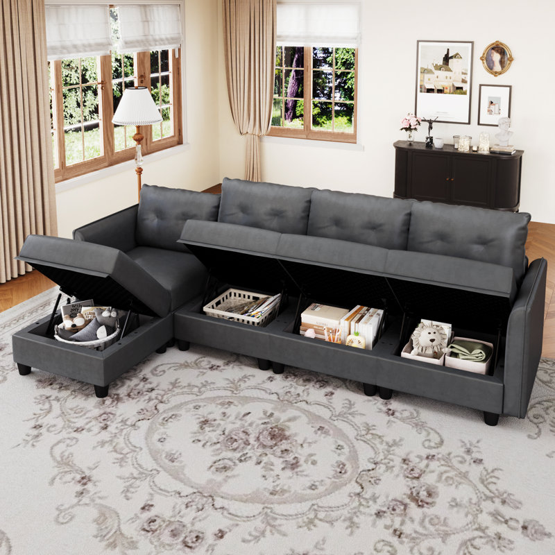 Tomario 5- Piece Upholstered L-Shaped Modular Sectional With Storage, Gray Polyester