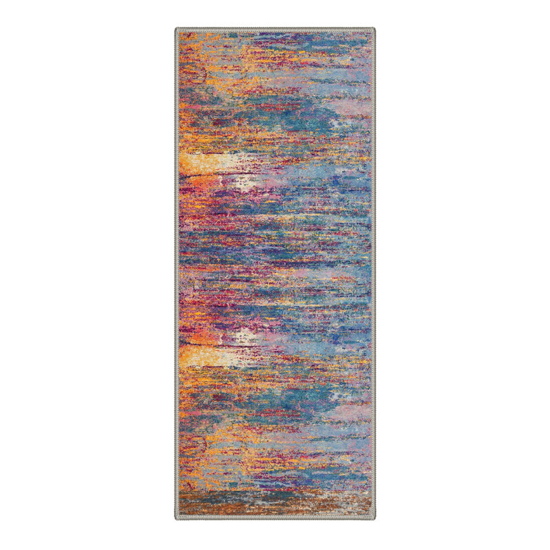 Aura Abstract Stripes Machine Washable Muted Patina Indoor Area Rug With Non-Slip Backing, Runner 2' x 6'