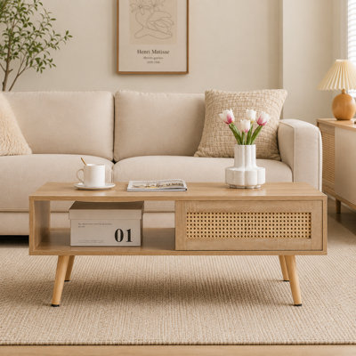 Rattan Coffee Table with Sliding Door Storage, Mid Century Modern Center Table