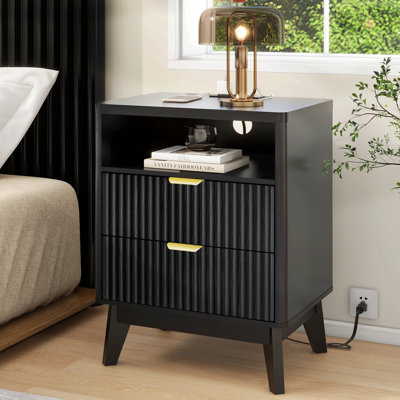 Rhythm Wood Black Nightstand with Charging Station, Fluted Bedroom Nightstand, Bedside Table Chest, 25.4'' H X 19.7'' W X 15D''
