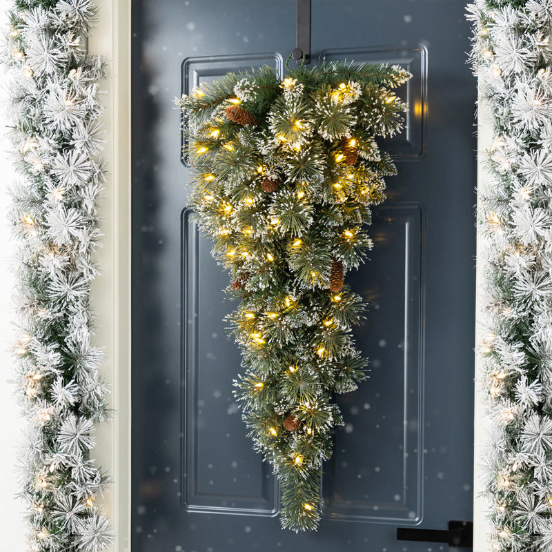 3Ft Pre-Lit Frosted Greenery Pinecones Christmas Teardrop With Lights And Timer