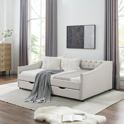 Daybed with Drawers Upholstered Tufted Sofa Bed, with Button on Back and Copper Nail on Waved Shape Arms