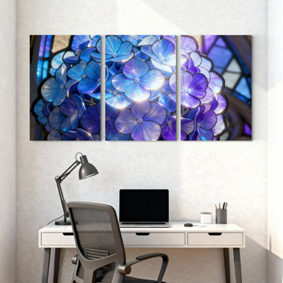 Blue Hydrangea Floral Stained Glass Style Canvas Wrapped Wall Art Oil Painting Print Set of 3
