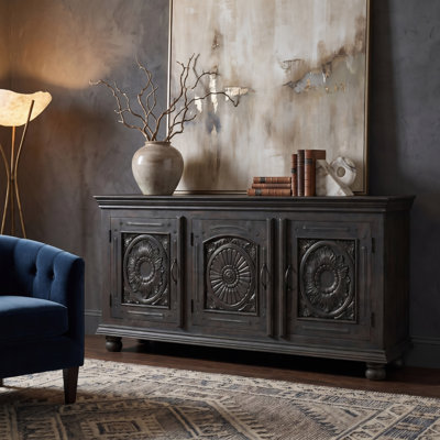 Hand-Carved Solid Mango Wood Sideboard with Floral Doors