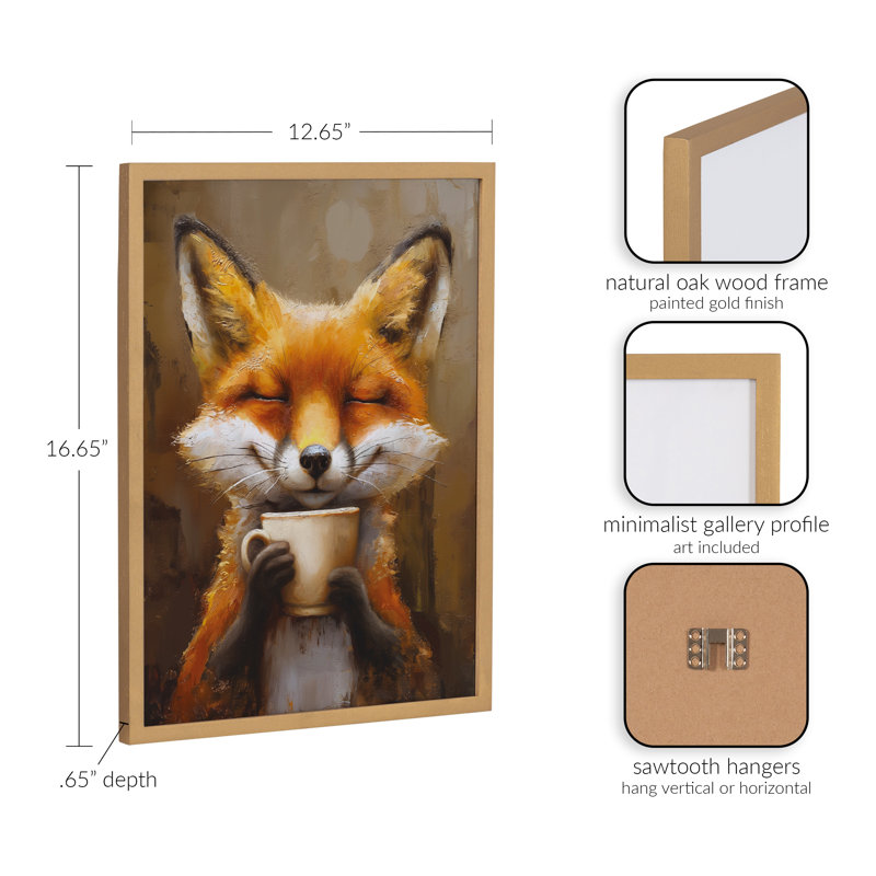 Mignon renard café, art mural, Cadre doré, H 12,65 po x l 16,65 po
