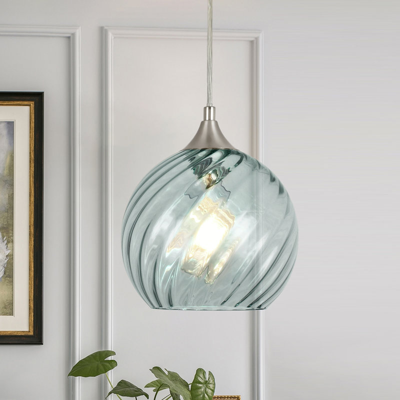 Luminaire pour îlot de cuisine 1 lumière 7,87 po de large avec abat-jour en verre strié, Bleu