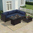 Ensemble de salon de jardin modulaire en rotin toutes saisons 4 personnes avec coussins et table foyer