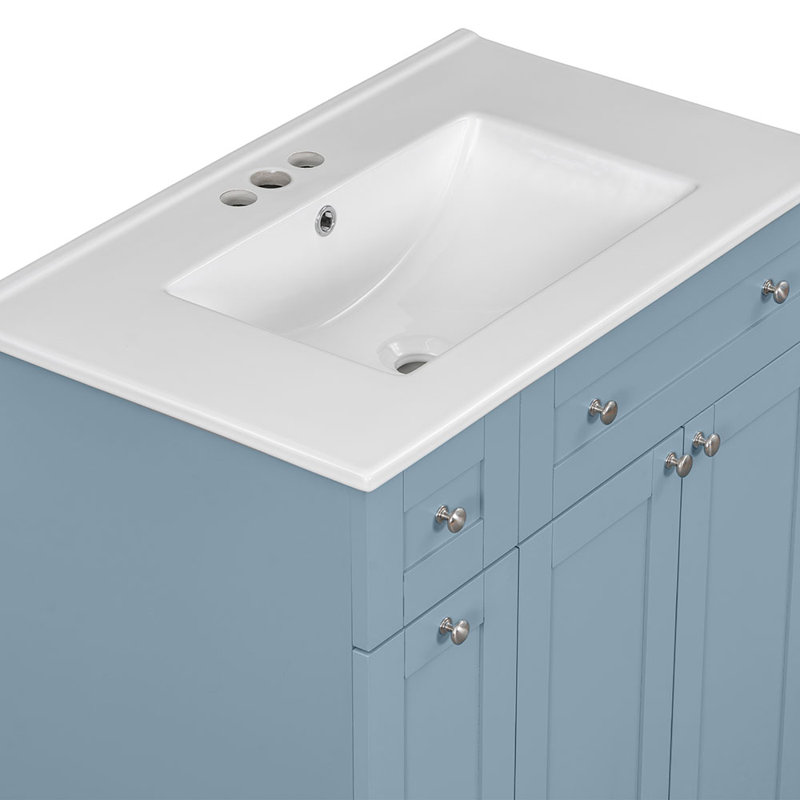 Blue 30-Inch Freestanding Bathroom Vanity with Ceramic Sink and Storage