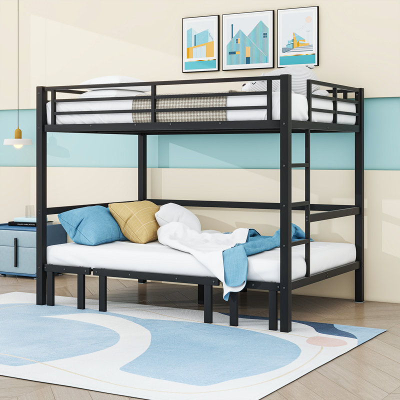 Metal Bunk Bed With Ladder And Slats, Queen Over Queen