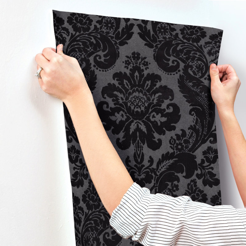 Shadow Black Flocked Damask Wallpaper, Black