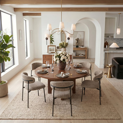 60" Round Walnut Pedestal Dining Table Set With 6 Upholstered Dining Chairs