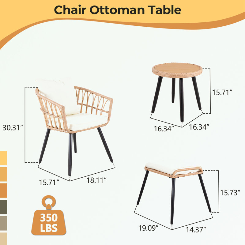 Ensemble de patio 5 pièces en osier avec deux repose-pieds et table basse, Coussin beige / structure naturelle