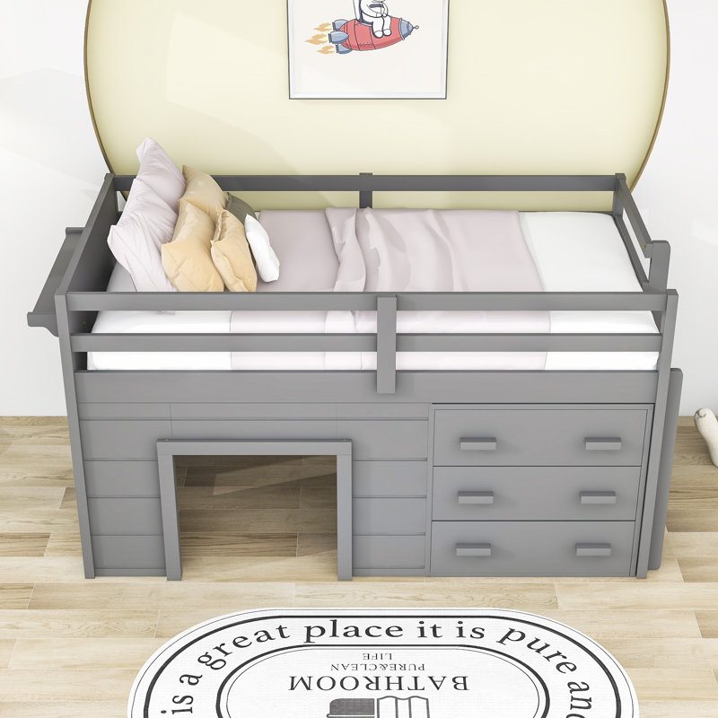 Gigel Kids Twin Loft Bed with Drawers, Gray