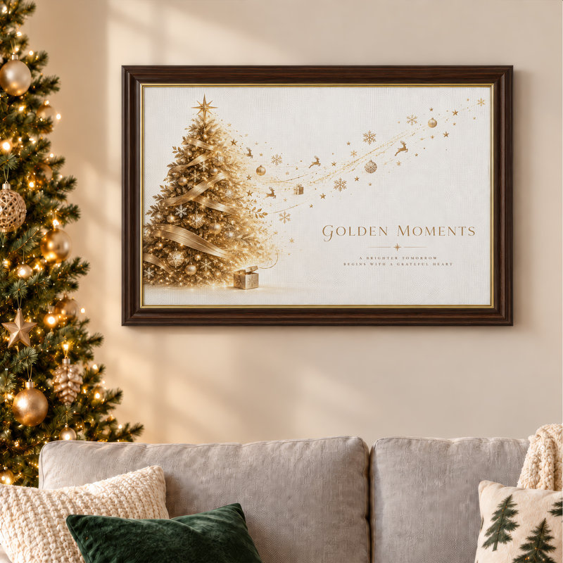 Arbre doré avec renne et flocons de neige, art mural de Noël, H 16 po x l 24 po