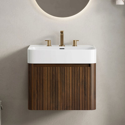 Meuble-lavabo 24 po, meuble de rangement flottant, lavabo intégré à surface solide avec 3 trous de robinet pré-percés, démonté, robinet et drain exclus