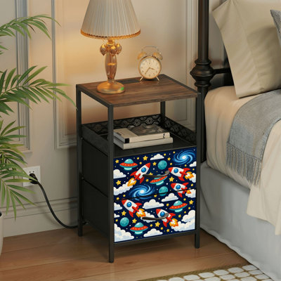 2 Drawers Nightstand with Charging Station, Bedroom Nightstand with USB Ports &amp; Outlets Open Shelf Black, night stand with Cute Space Red Rockets UFOs Planets Stars Dark Blue Print