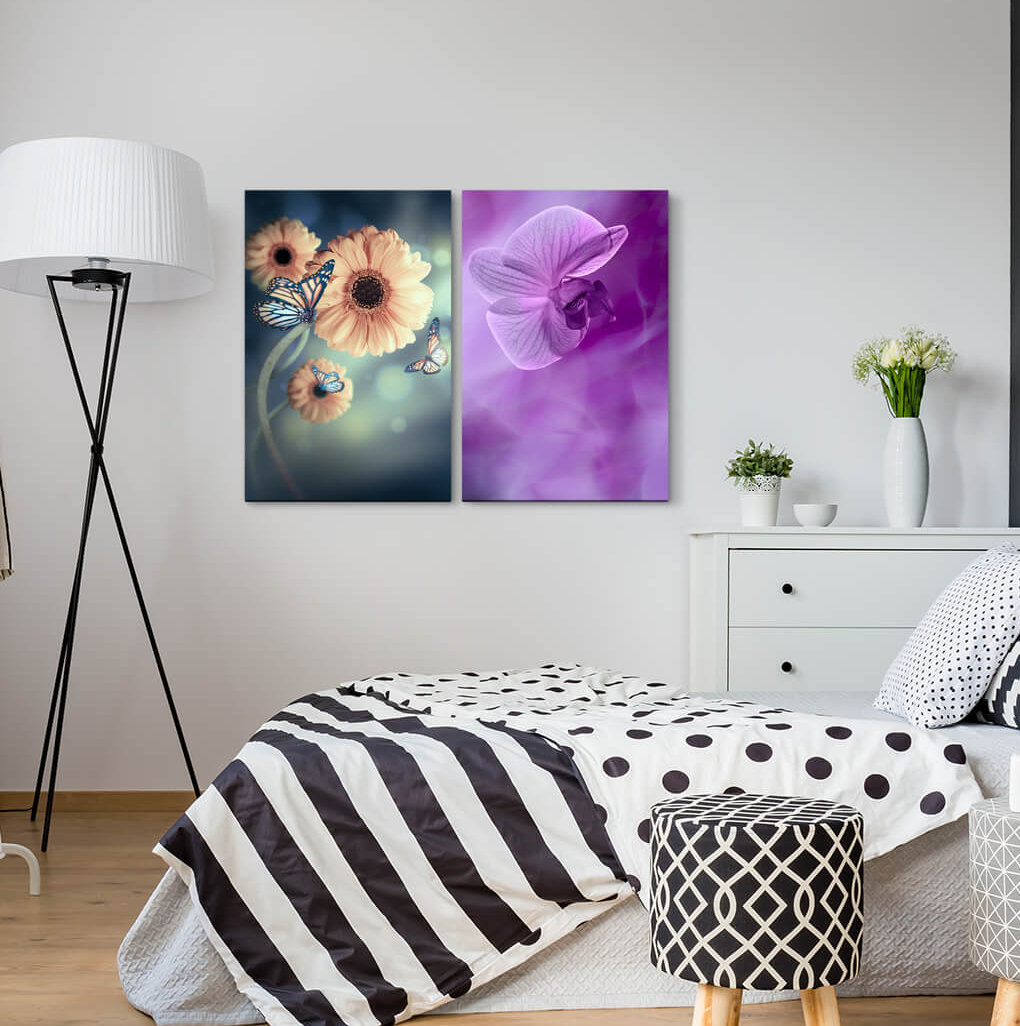 2-tlg. Leinwandbilder-Set - Grafikdruck „Zinnias Butterflies Flowers Summer Orchid Purple”