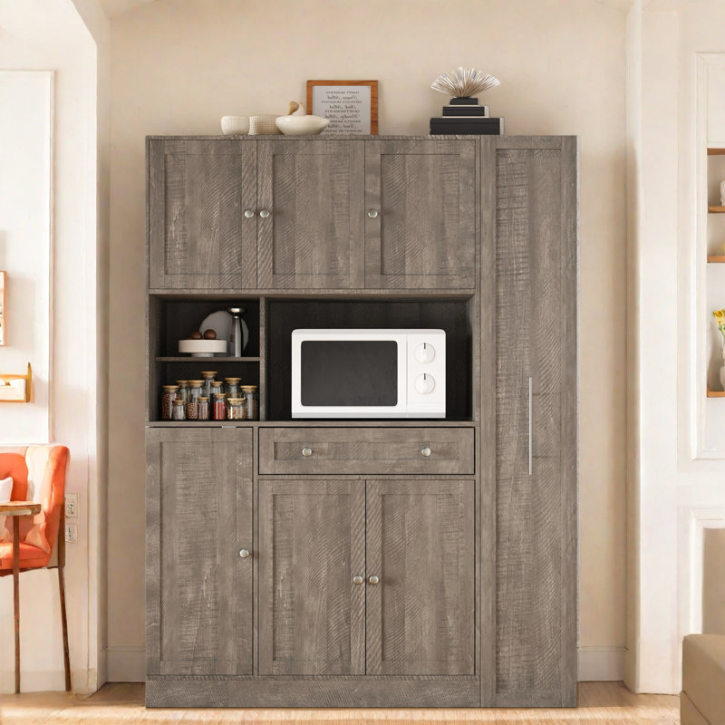 Garde-manger autoportant avec armoire latérale, tablettes de porte et tiroir, Blanc, Brun