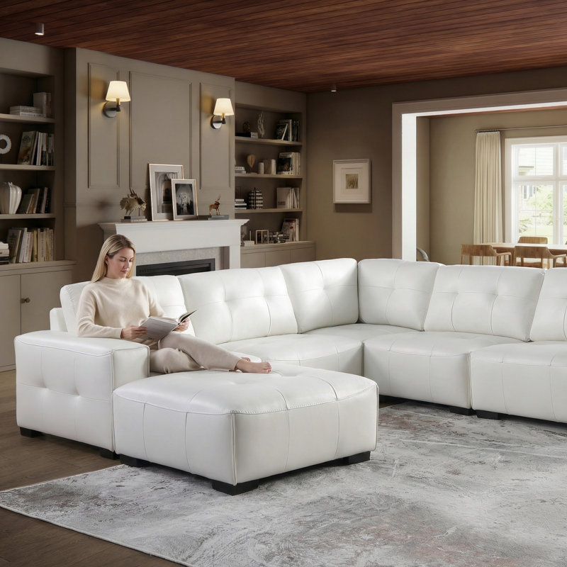 Upholstered Breathable Leather 6-piece Sofa Sectional With Ottoman, Tufted Cushions, White Faux Leather