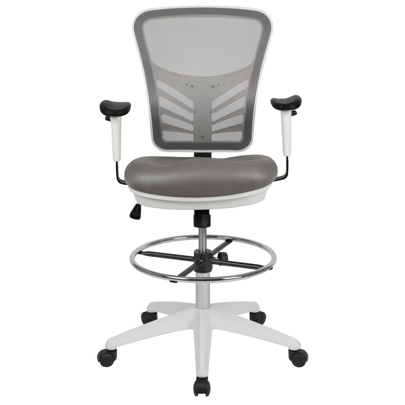 Mid-Back Mesh Ergonomic Drafting Chair with Adjustable Chrome Foot Ring, Adjustable Arms, Light Grey, White