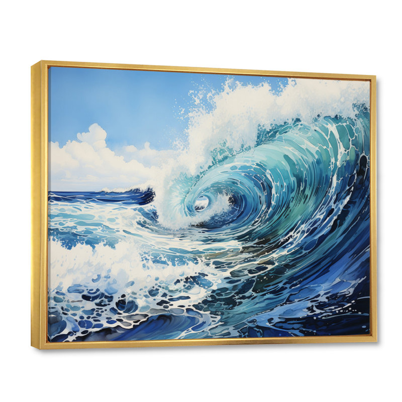 «Beach Surfs Up Pointillism II», reproduction d'art sur toile, Cadre flottant doré, H 16 po x l 32 po x P 1 po