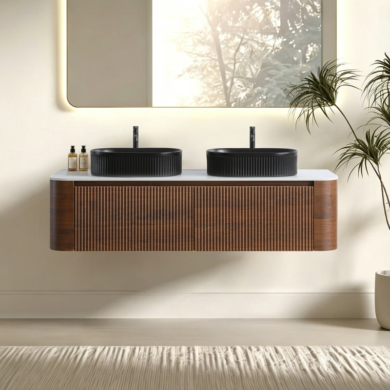 Meuble-lavabo de 60 po avec lavabo, armoire murale avec porte-serviettes gratuit, conception de deux lavabos en céramique rayés ovales noirs, sans drain et robinet, pré-assemblé